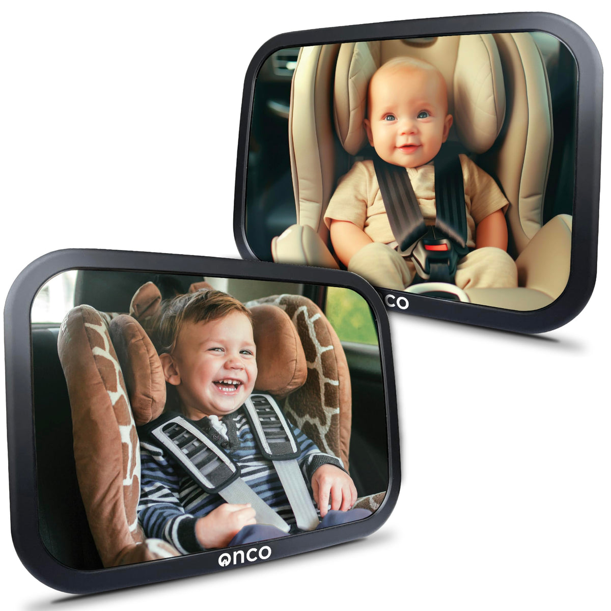 Onco Baby Car Mirror Rear-Facing two-pack offers clear backseat visibility for quick checks.