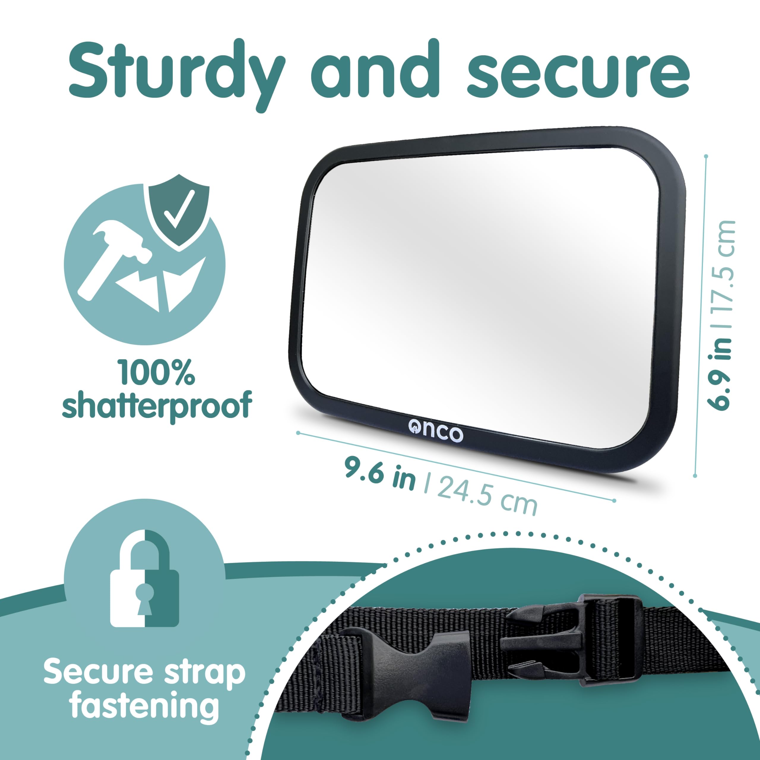 Onco Baby Car Mirror sturdy strap attachments ensure stable placement.
