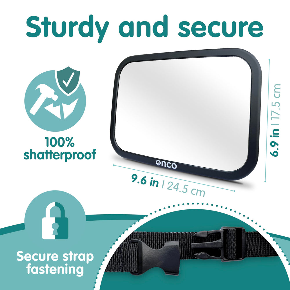 Onco Baby Car Mirror sturdy strap attachments ensure stable placement.