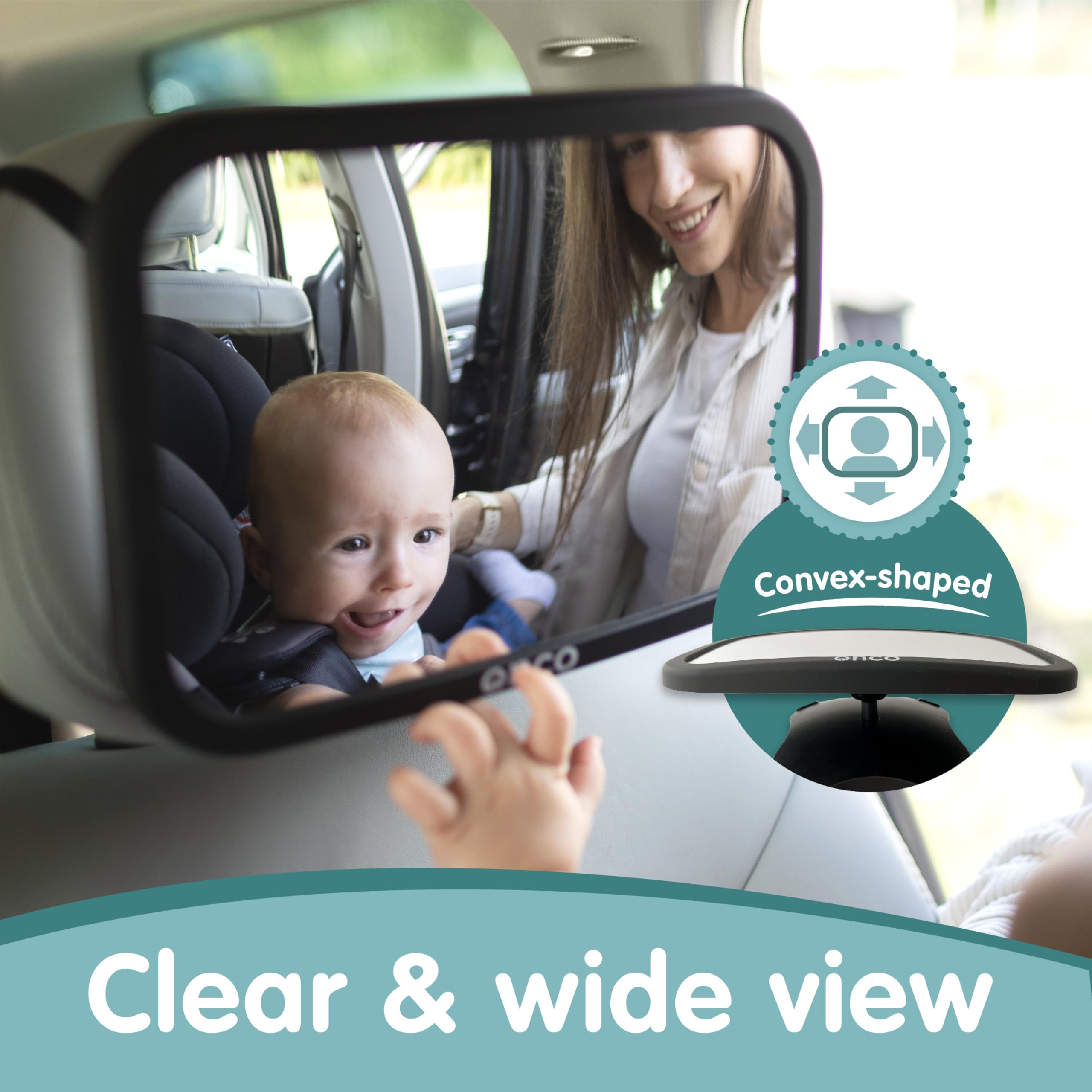 Onco Baby Car Mirror provides a wide, clear view of the baby without distortion during drives.