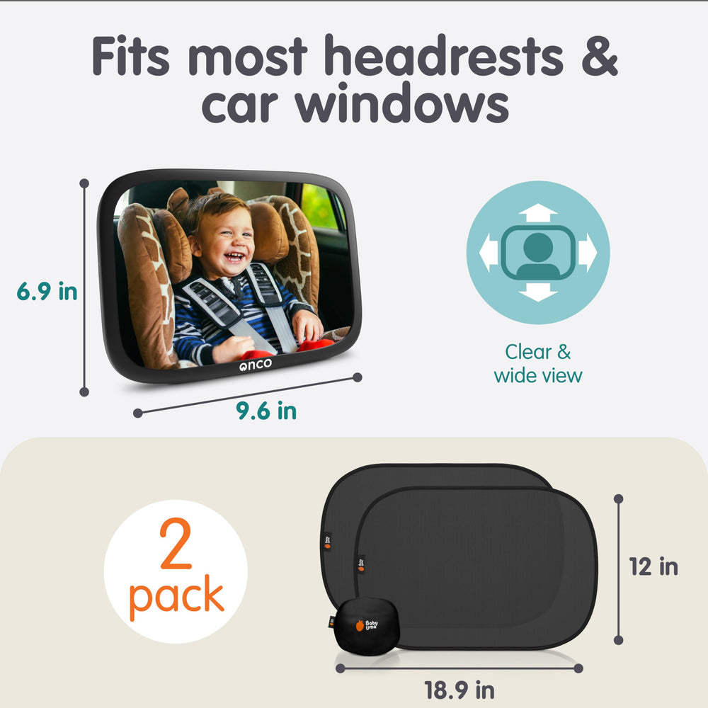 Onco baby car mirror features headrest attachment options for secure mounting.
