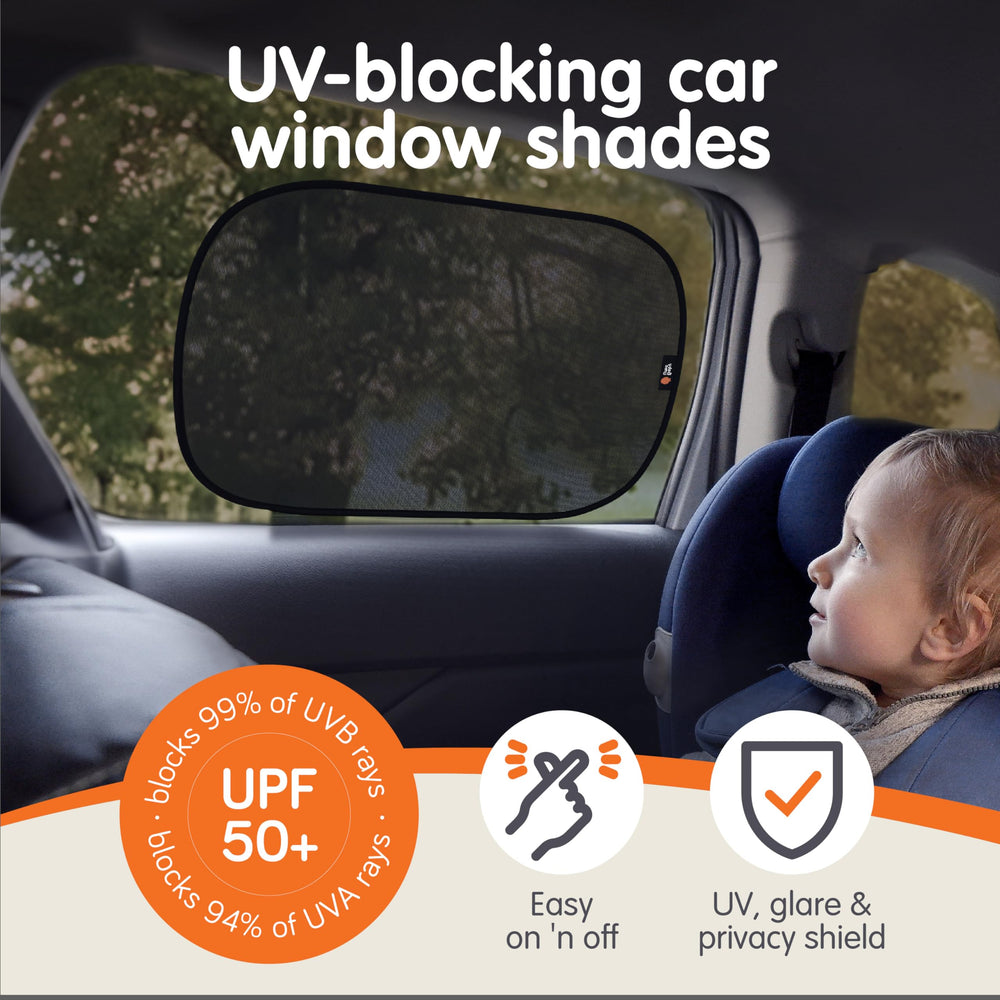 Onco baby UMF50 window shades offer strong sun protection on journeys.