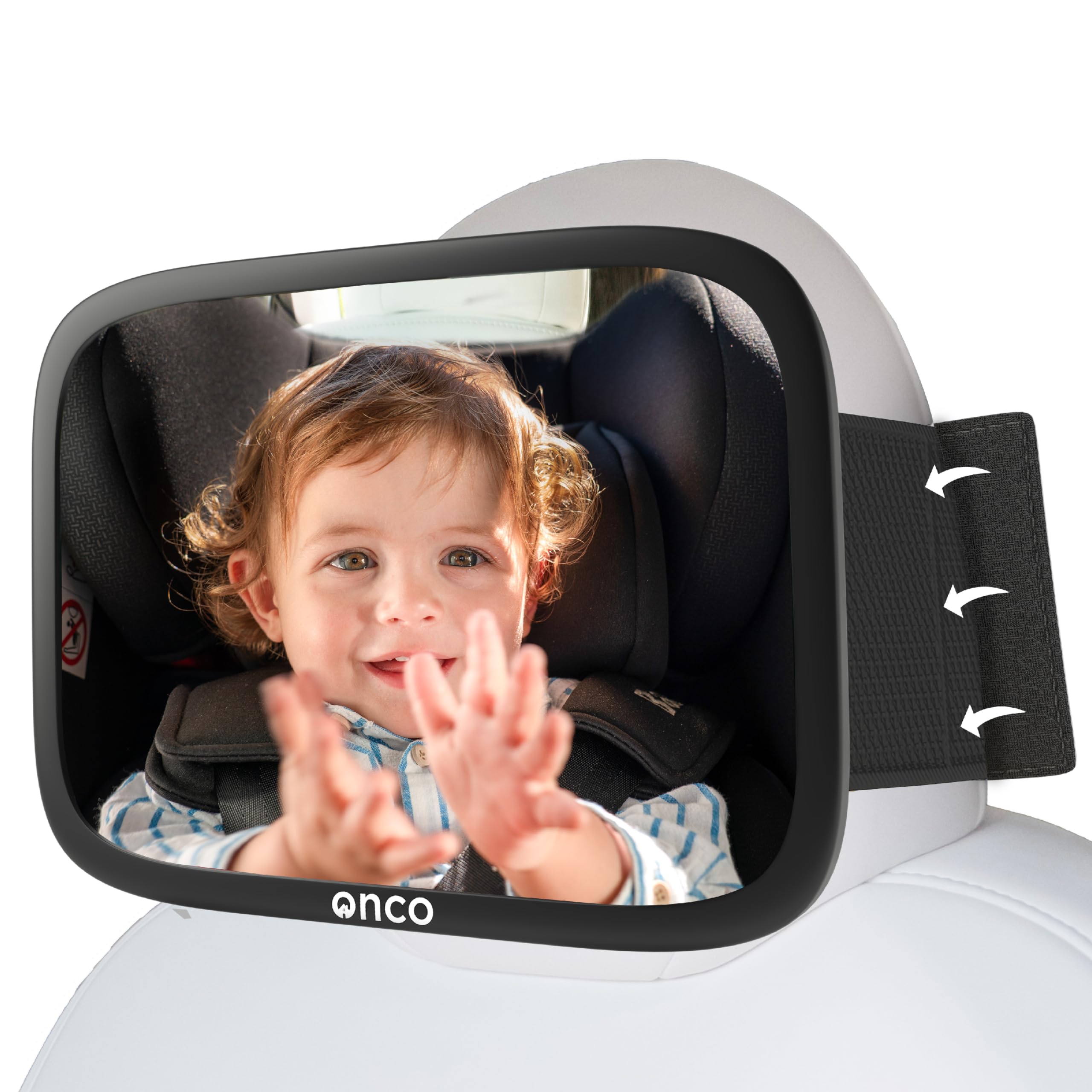 Onco fixed-headrest baby mirror assembly shows secure backseat monitoring setup.