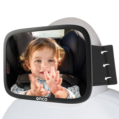 Onco fixed-headrest baby mirror assembly shows secure backseat monitoring setup.