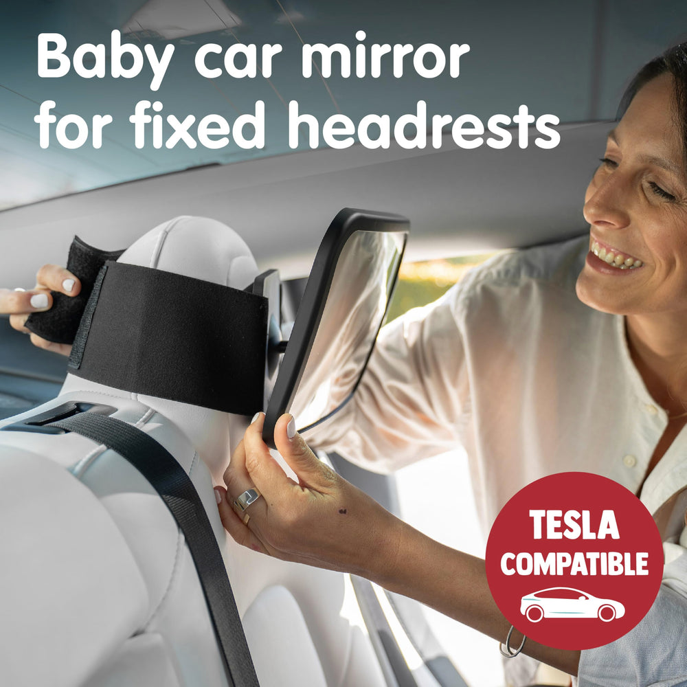 Onco fixed-headrest baby mirror installation demonstrates quick, tool-free setup.