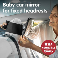 Onco fixed-headrest baby mirror installation demonstrates quick, tool-free setup.