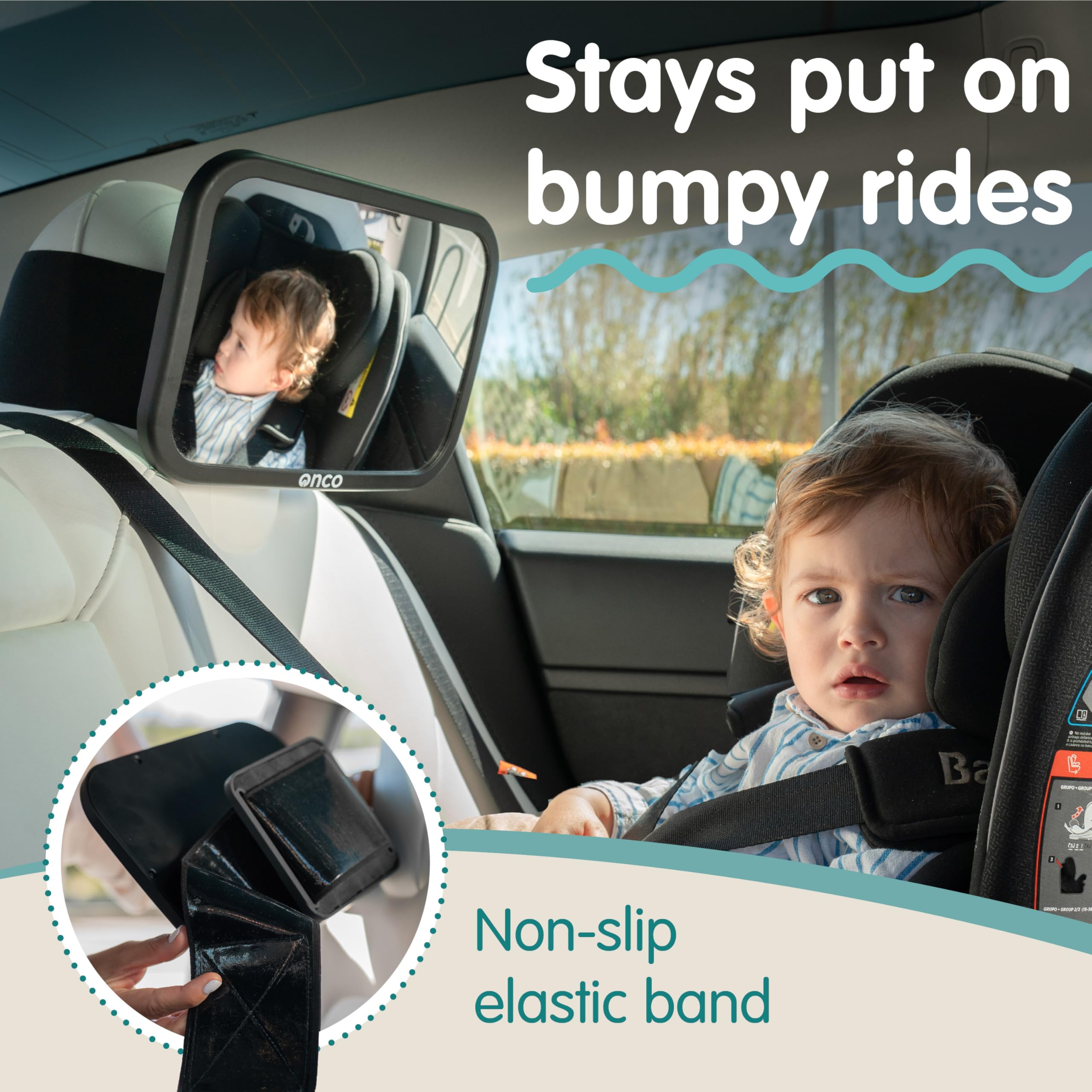Onco fixed-headrest baby mirror shatterproof design stays safe on bumpy drives.