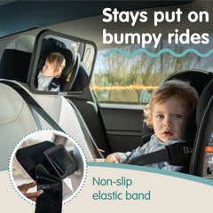 Onco fixed-headrest baby mirror shatterproof design stays safe on bumpy drives.
