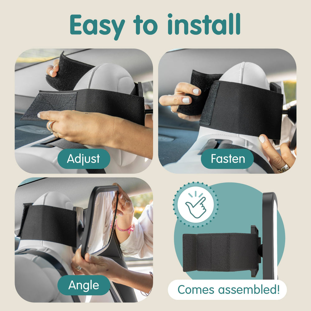 Onco fixed-headrest baby mirror Tesla-compatible fit for modern car interiors.