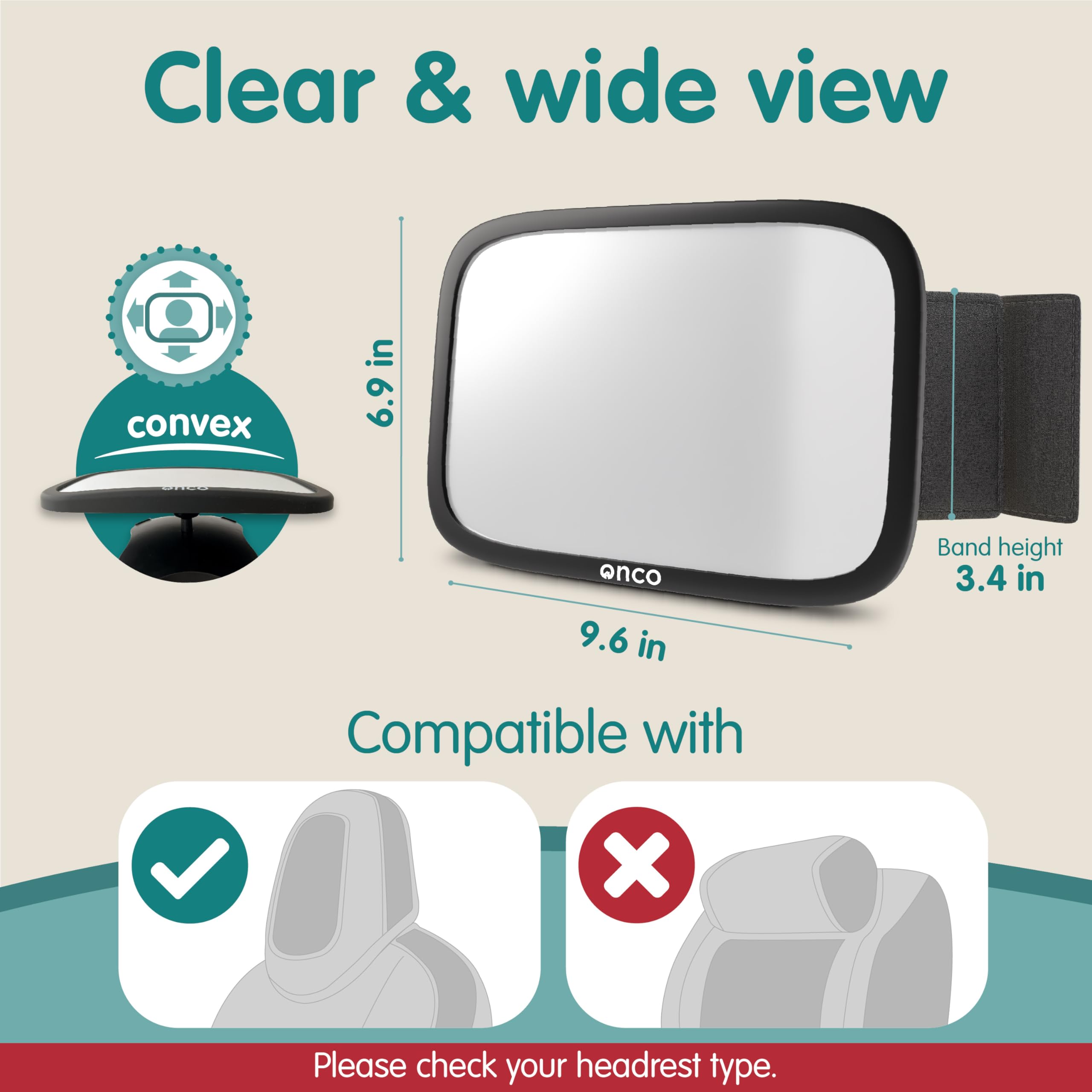 Onco fixed-headrest baby mirror wide view captures clear backseat visibility.