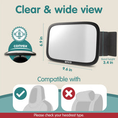 Onco fixed-headrest baby mirror wide view captures clear backseat visibility.