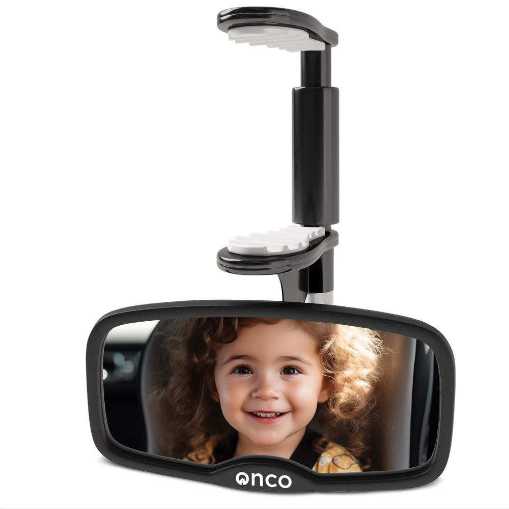 Onco forward-facing car mirror clip-on provides safe, hands-free viewing.