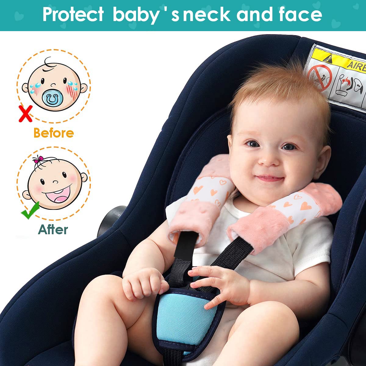 One Enjoy 4-pack pink pads attached to car seat belt showing soft minky padding