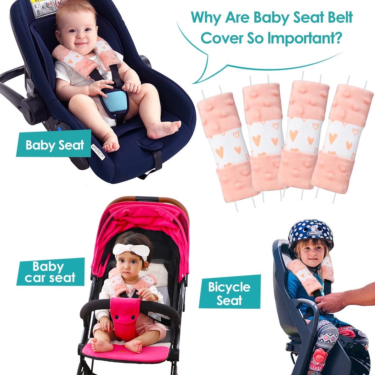 One Enjoy pink belt pad on a baby car seat belt for added comfort