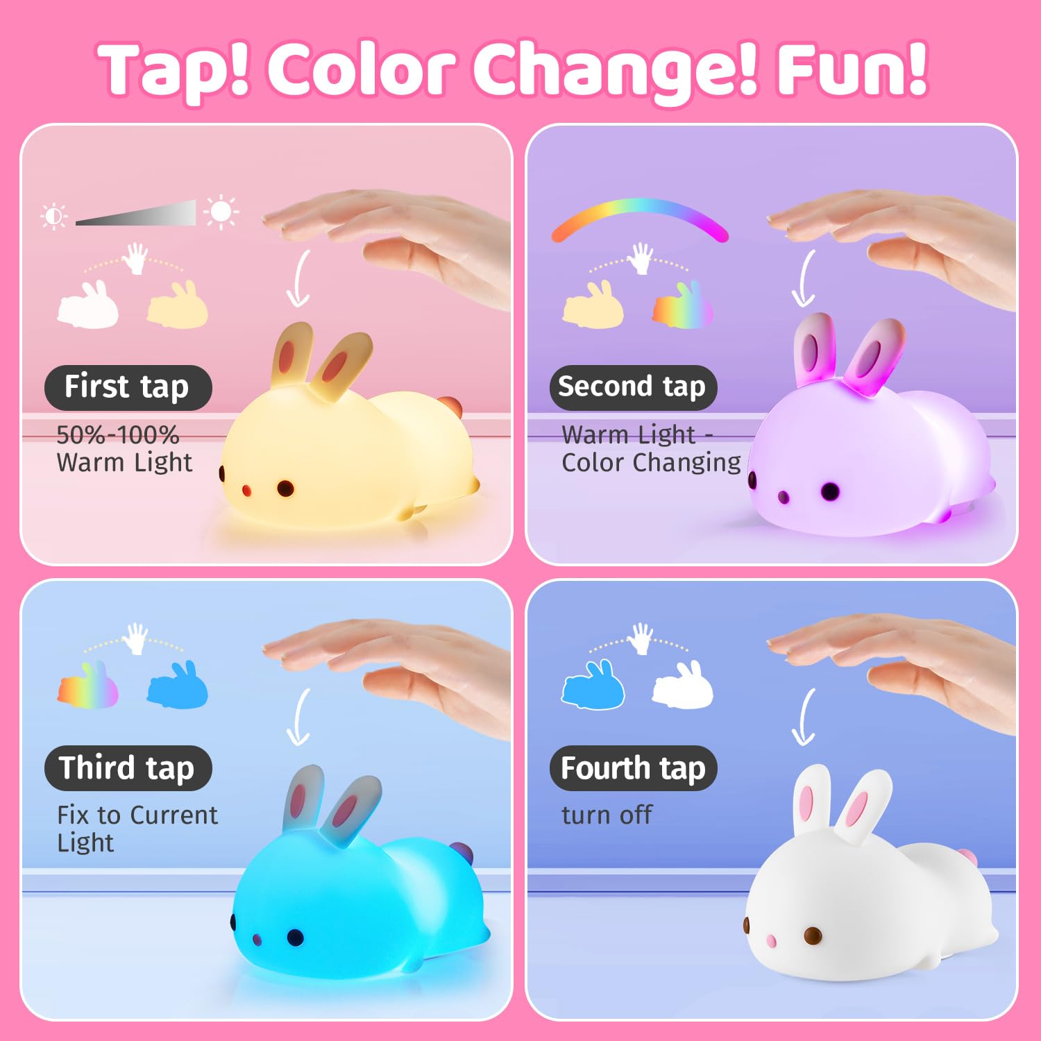 One Fire Bunny Night Light provides 5 brightness levels for any moment.