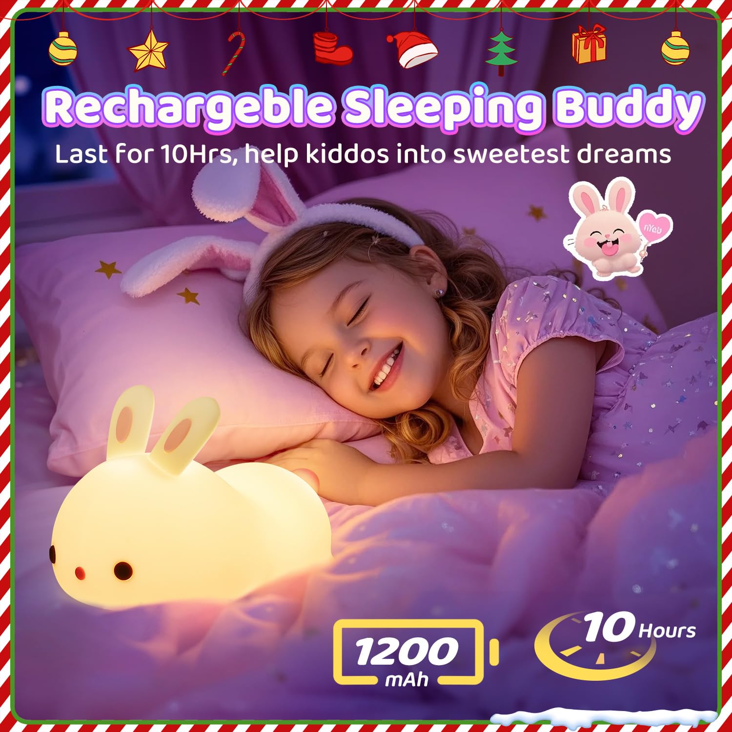 One Fire Bunny Night Light includes a rechargeable battery for cordless use.