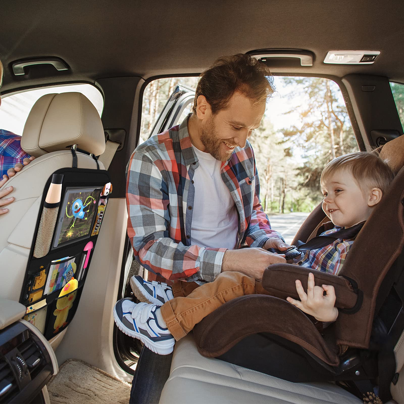 ONE PIX in car usage showing the organizer keeping items within reach.