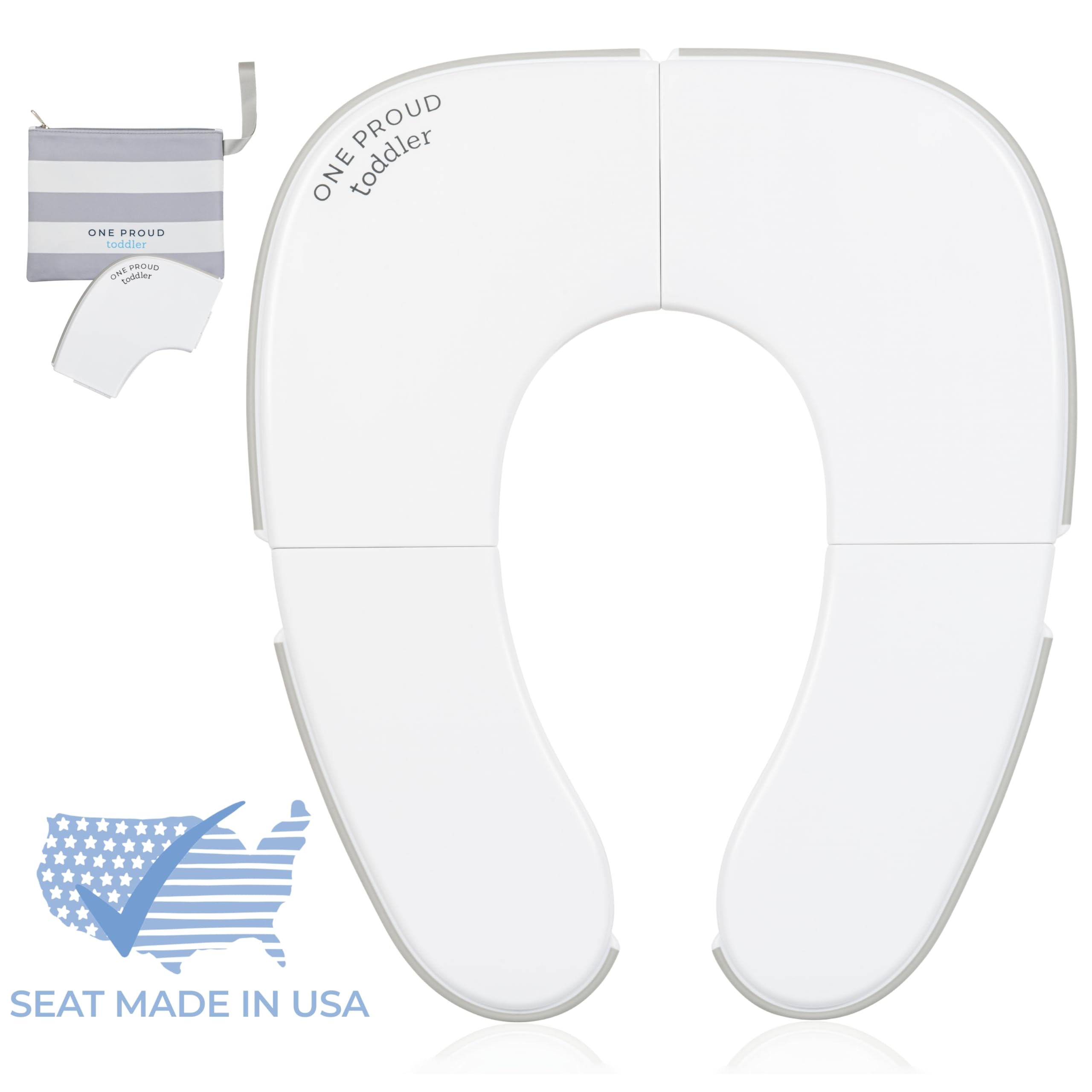 One Proud Toddler potty seat unfolded size fits standard toilets securely.