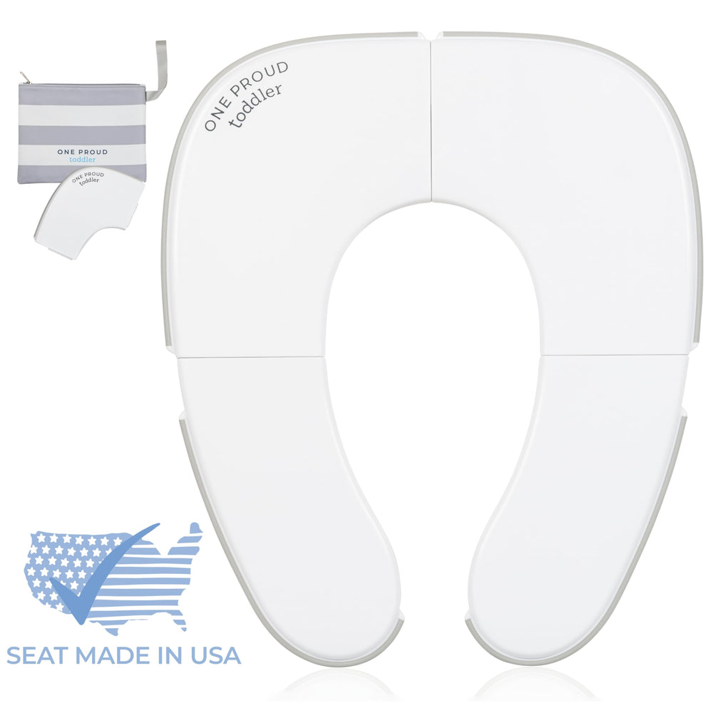 One Proud Toddler potty seat unfolded size fits standard toilets securely.