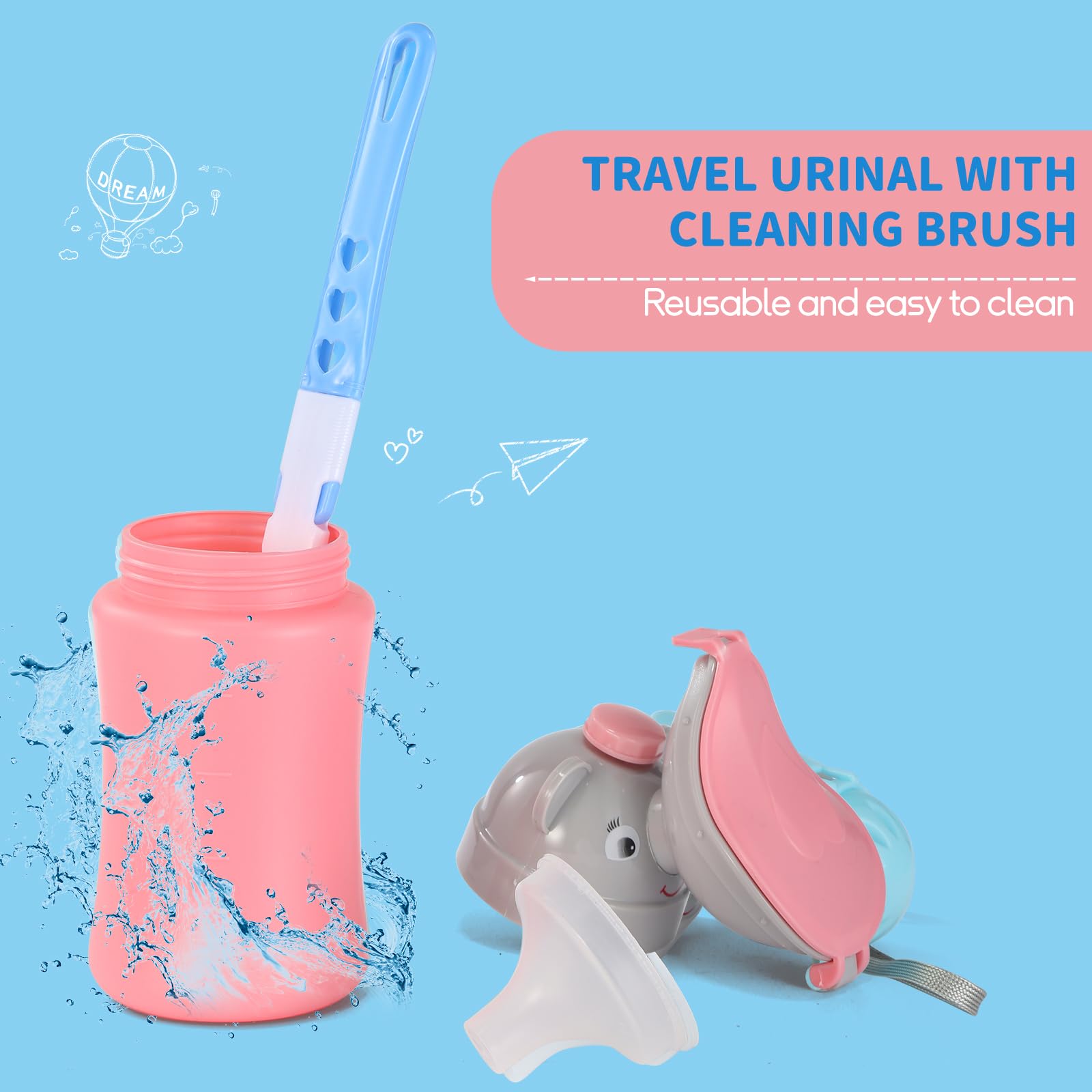 ONEDONE portable urinal for kids pink-cap in-use demonstrates on-the-go potty convenience.