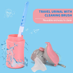 ONEDONE portable urinal for kids pink-cap in-use demonstrates on-the-go potty convenience.