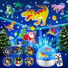 One Fire dinosaur night light projector fills kids' room with playful dinosaurs for bedtime comfort.