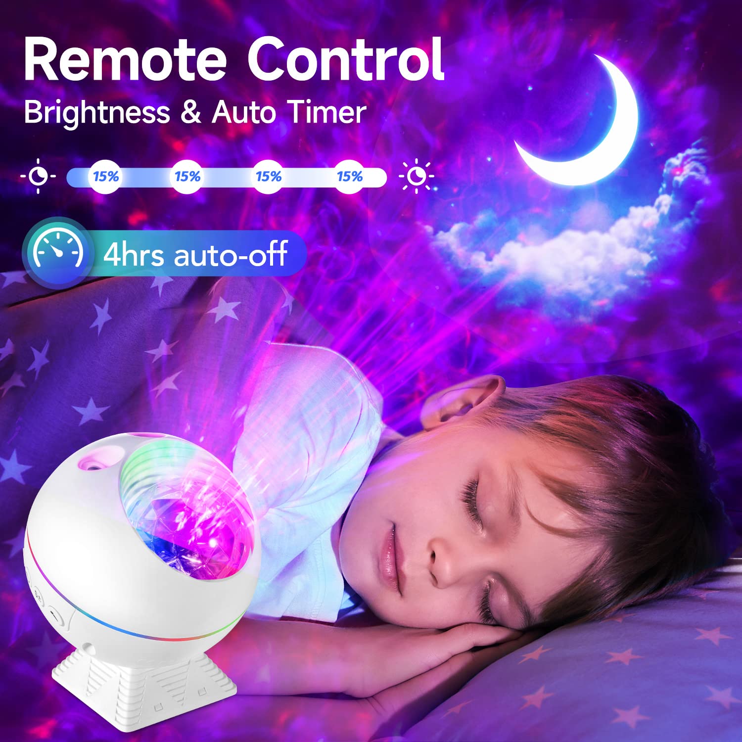 One Fire Galaxy Projector offers dimmable brightness to tailor night mode and kids' sleep ambiance.