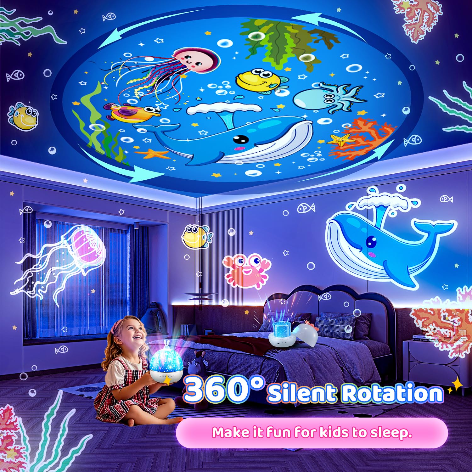 One Fire large moon and stars projection brightens walls for cozy nights.