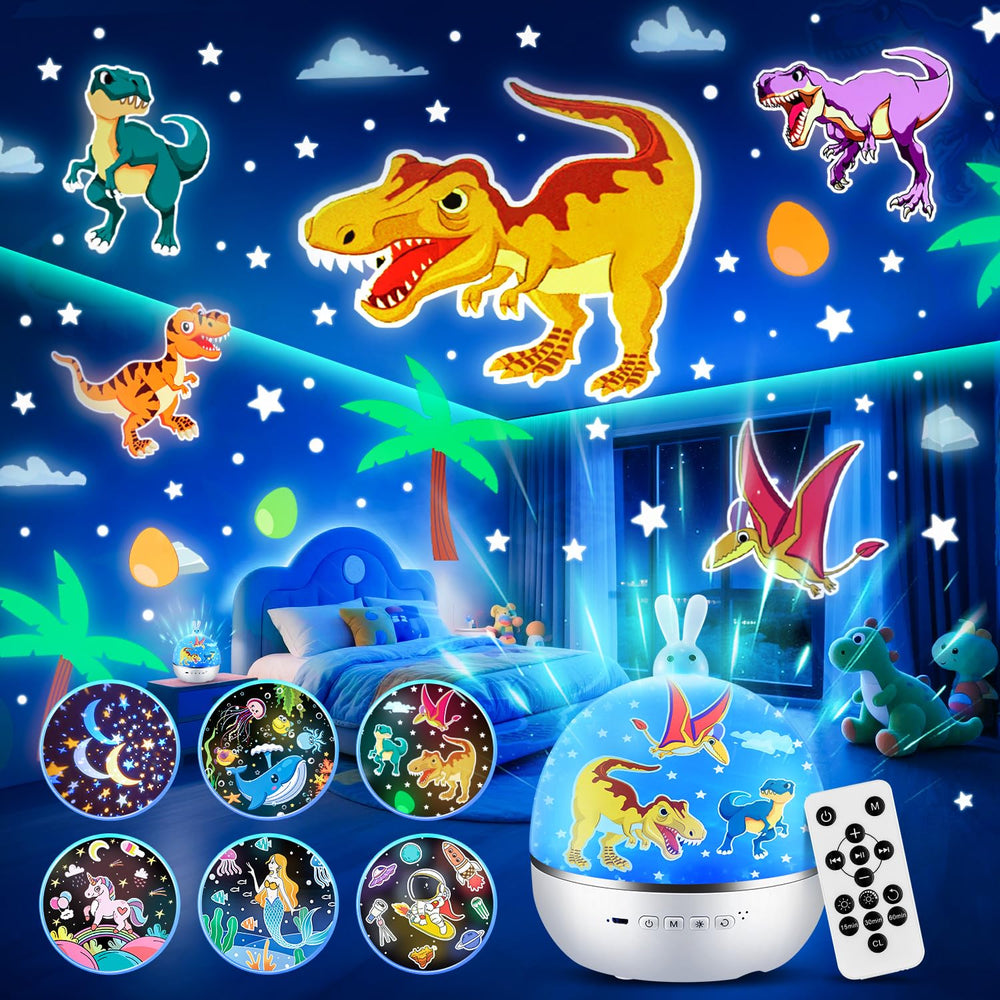 One Fire portable dinosaur night light travels with child for sleep support.