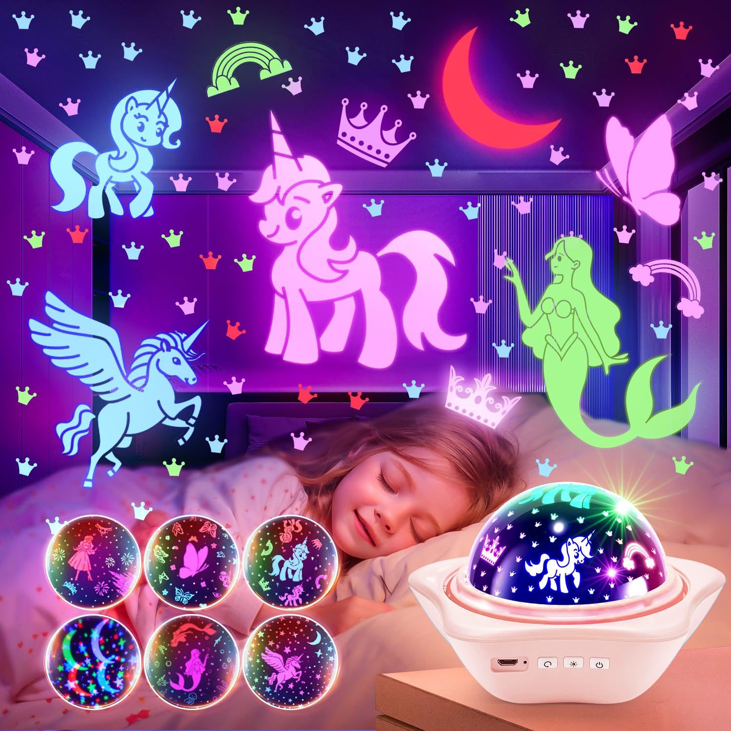 One Fire unicorn night-light projection fills ceiling with stars for bedtime.