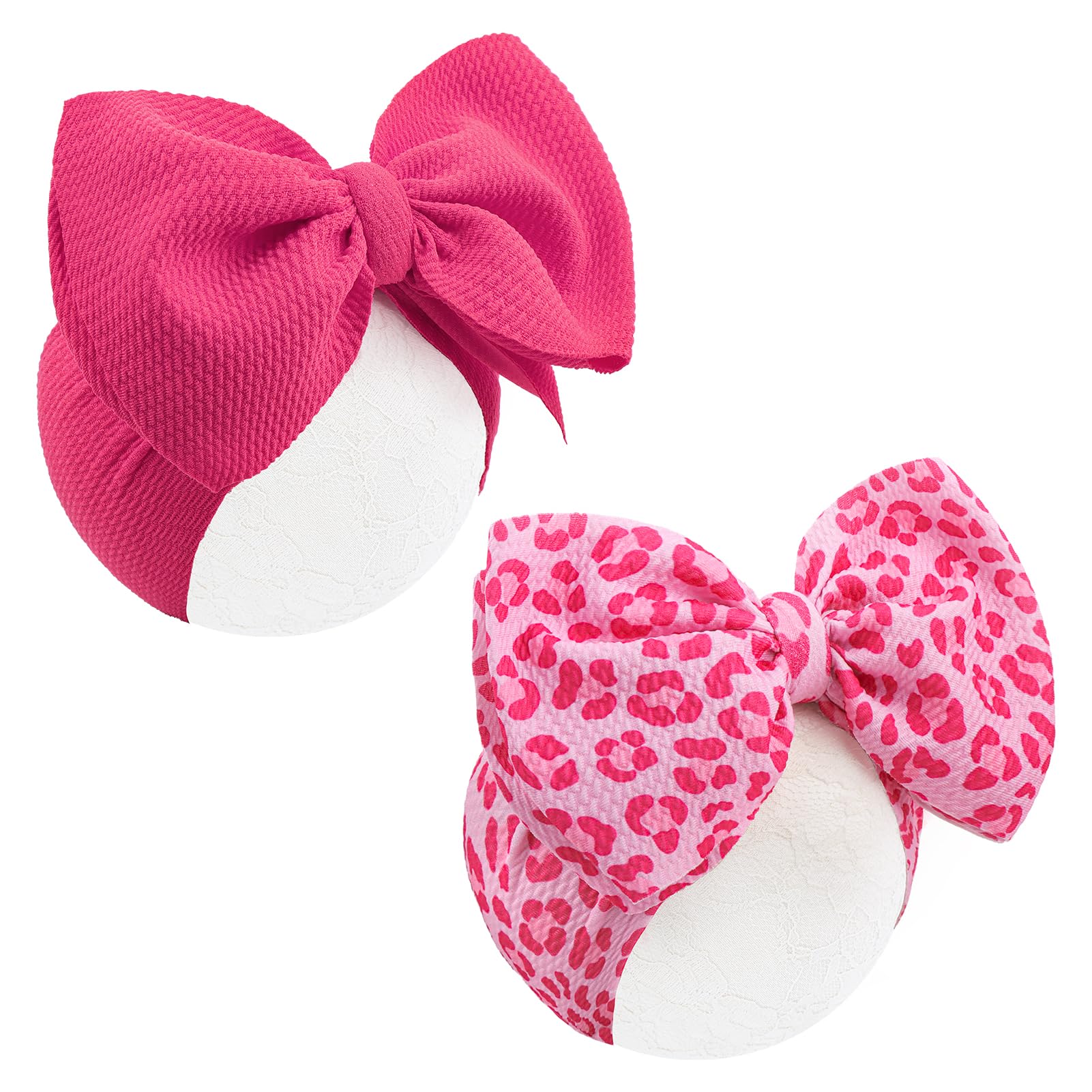 ONENINEDREAM 2PCS 7-inch soft knot headbands with pink leopard bows for everyday baby wear.