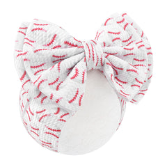ONENINEDREAM baseball baby bow headband white closeup shows soft nylon fit for delicate skin