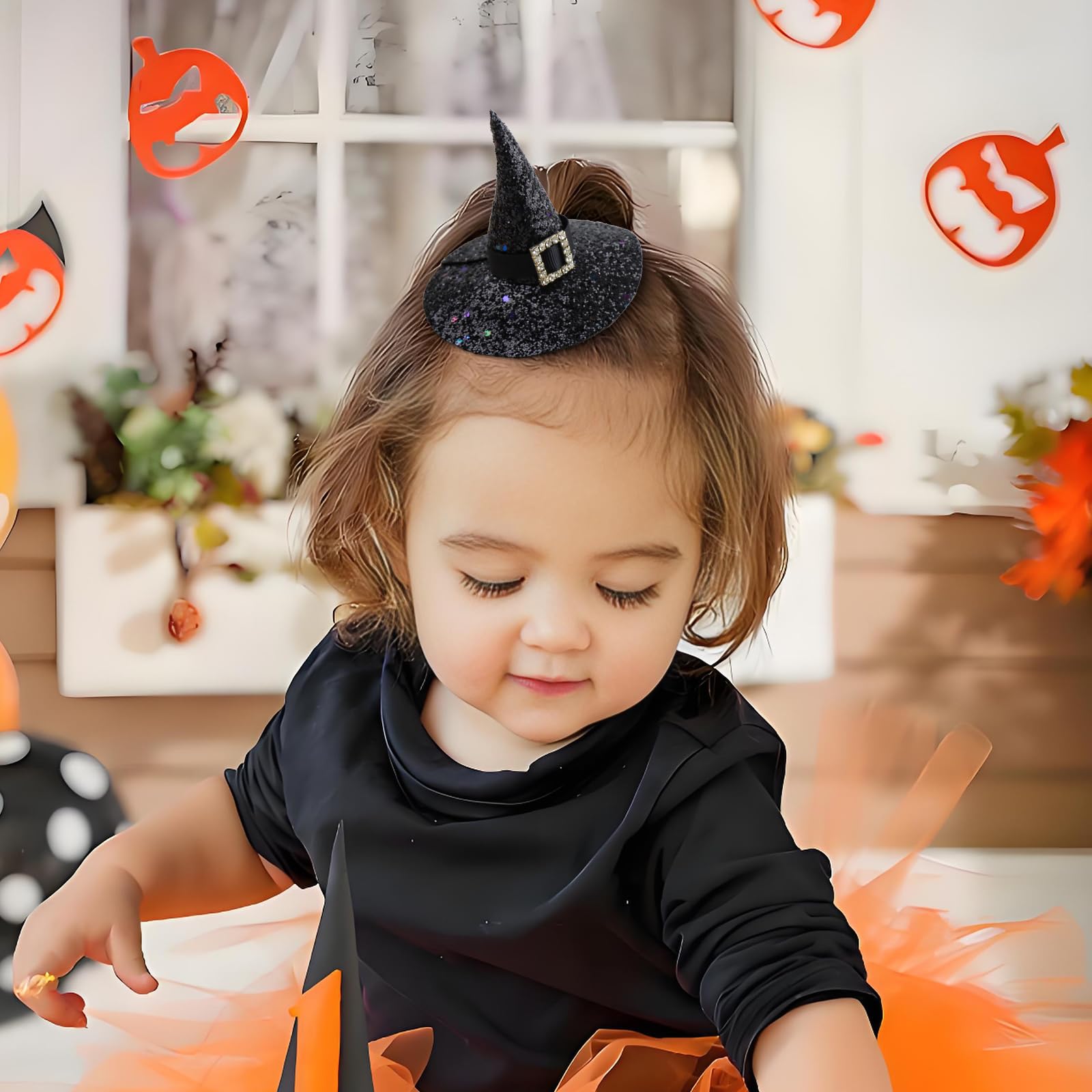 ONENINEDREAM black glitter witch hat clip sparkling without shedding for festive costumes.