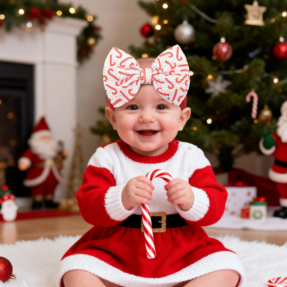 ONENINEDREAM candy cane bow red headband adds holiday cheer for newborns and toddlers.