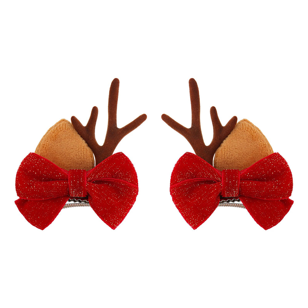 ONENINEDREAM Christmas velvet bow clip closeup with soft red fabric and secure alligator grip.