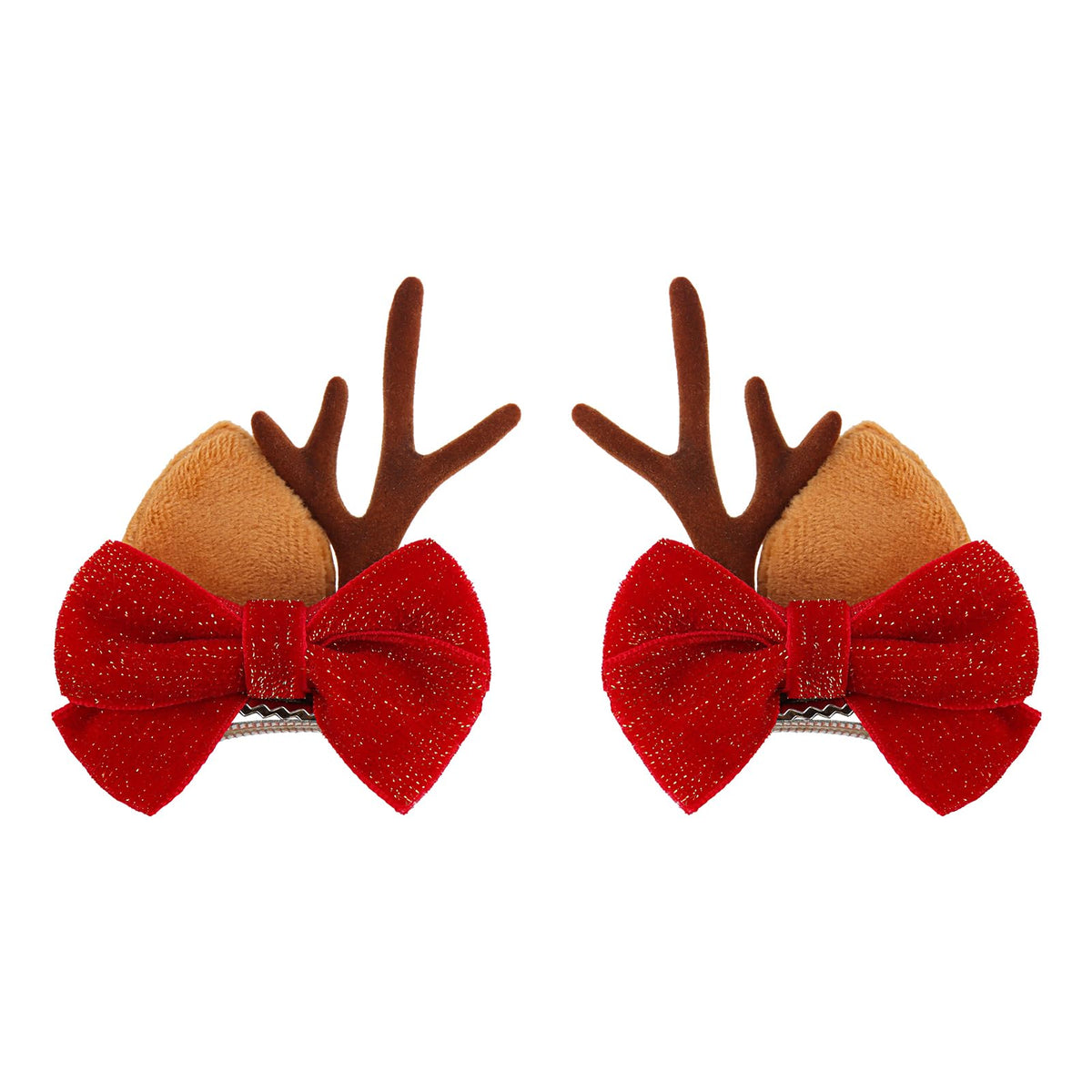 ONENINEDREAM Christmas velvet bow clip closeup with soft red fabric and secure alligator grip.
