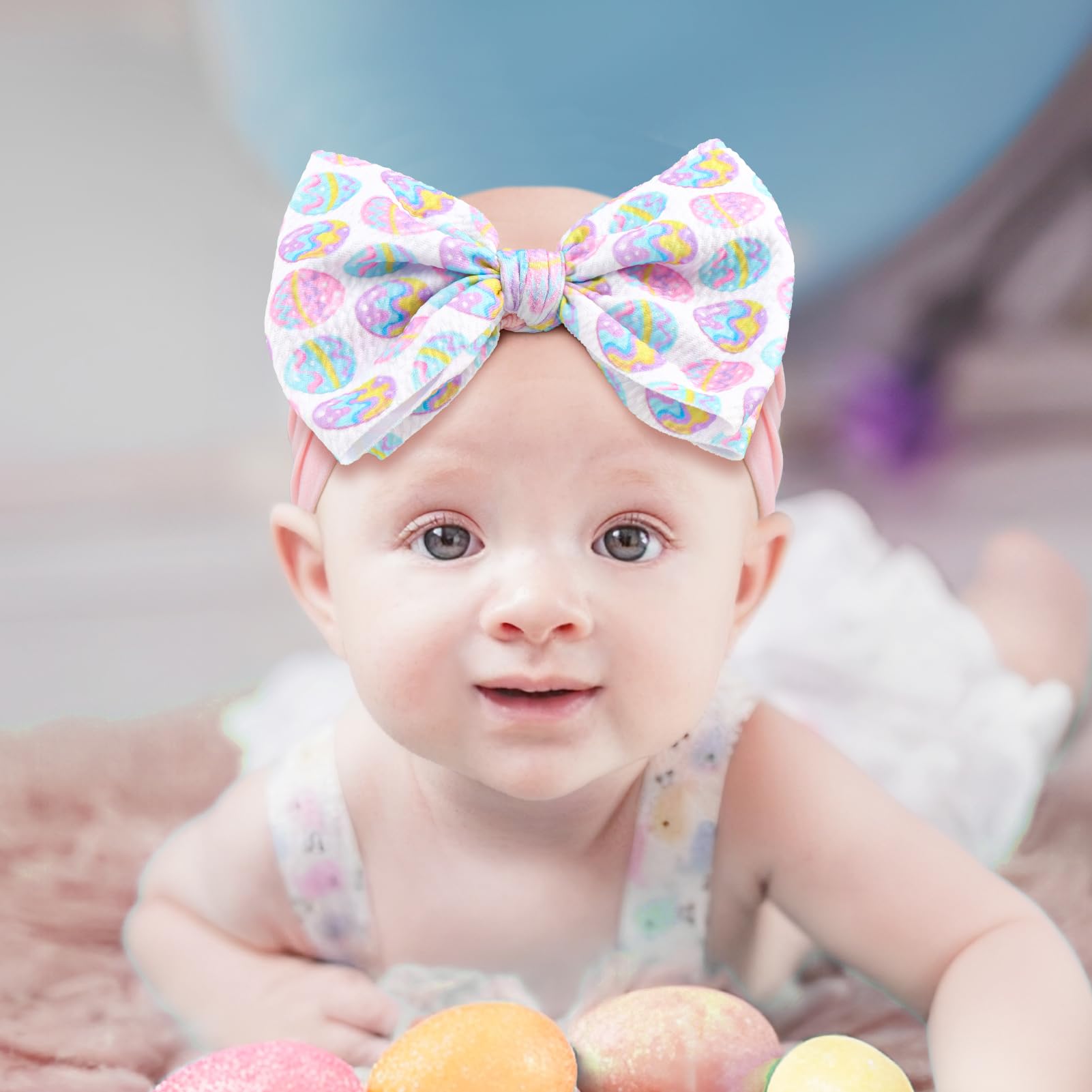 ONENINEDREAM Easter baby bows blue rabbit ears demonstrating playful toddler accessory