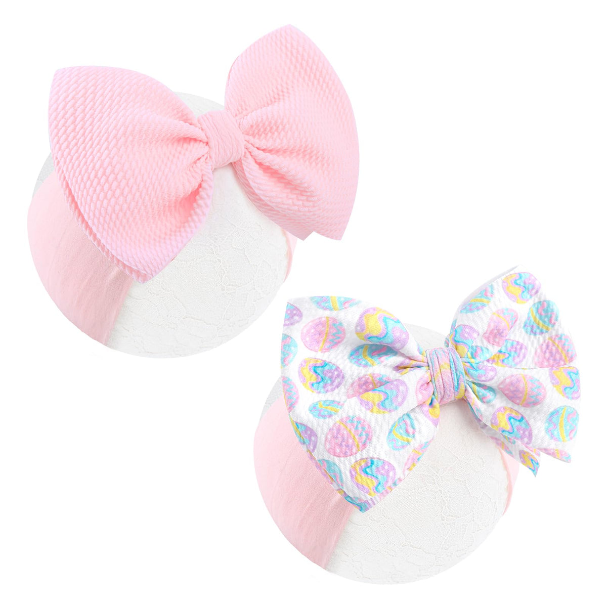 ONENINEDREAM Easter baby bows pink closeup showing soft nylon comfort for newborns