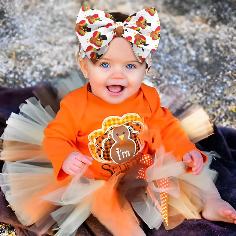 ONENINEDREAM pumpkin-pattern turkey bow for festive toddler outfits.