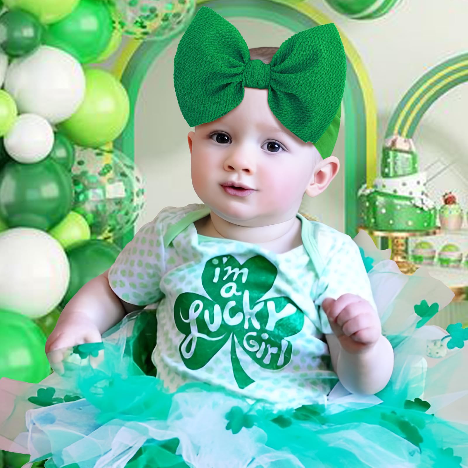 ONENINEDREAM st patricks day hairband green bow shamrock print close-up for festive styling.