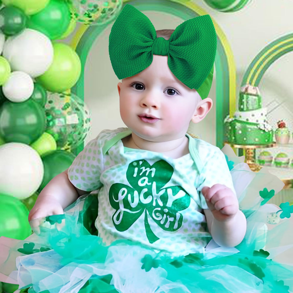 ONENINEDREAM st patricks day hairband green bow shamrock print close-up for festive styling.