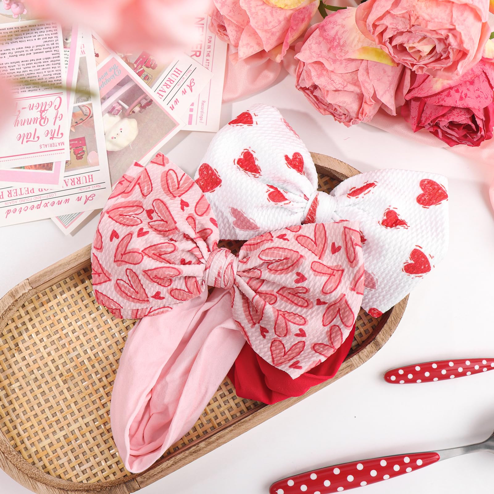 ONENINEDREAM Valentines Bows soft nylon headband, ultra-soft band suitable for sensitive skin.