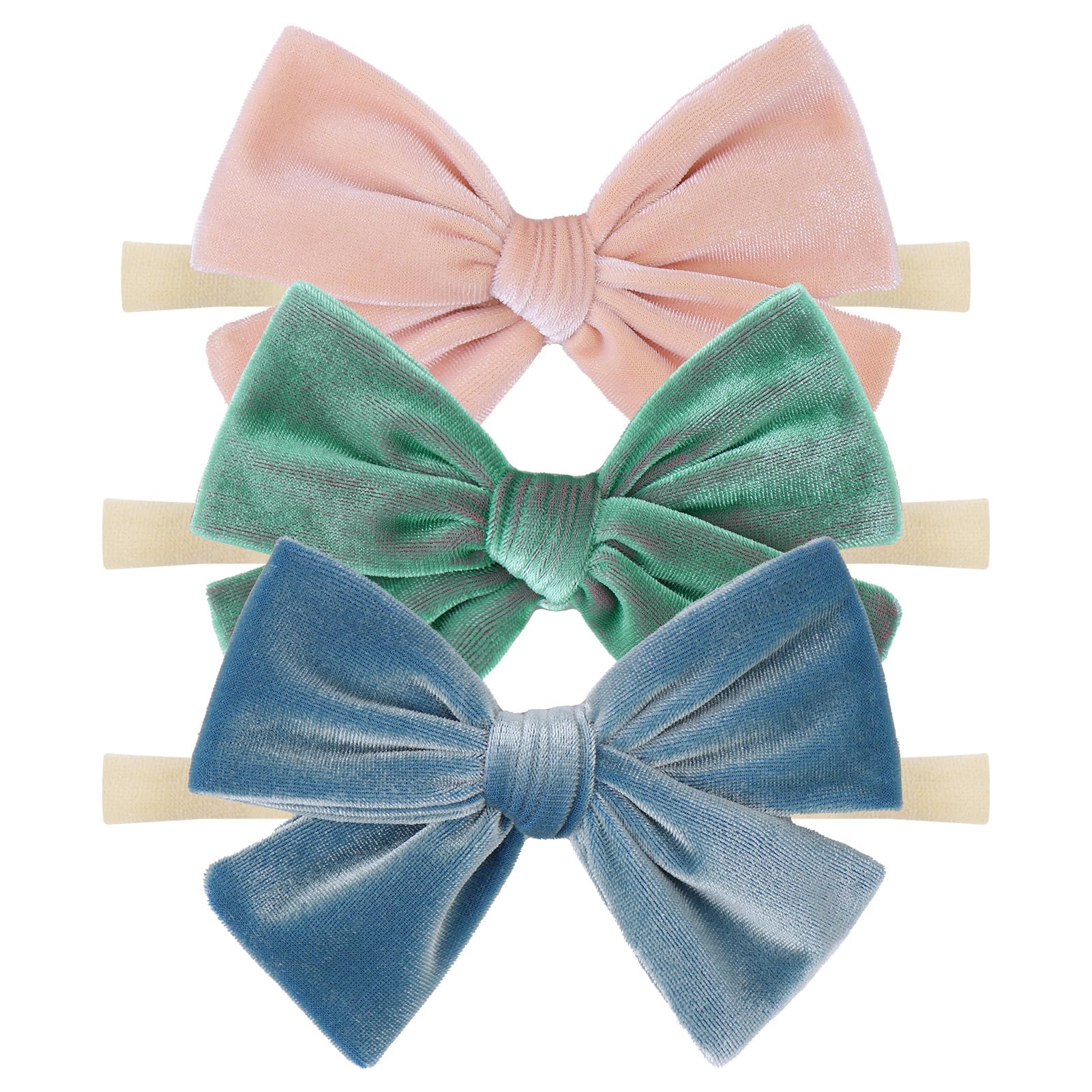 ONENINEDREAM velvet bow in light blue, 4-inch, for soft everyday baby styling.