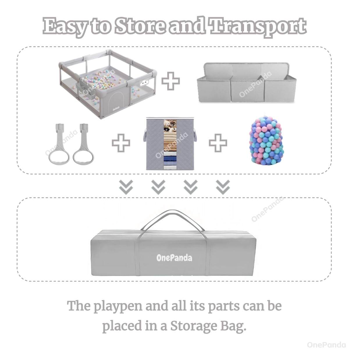 OnePanda quick setup illustration highlights 2-5 minute assembly