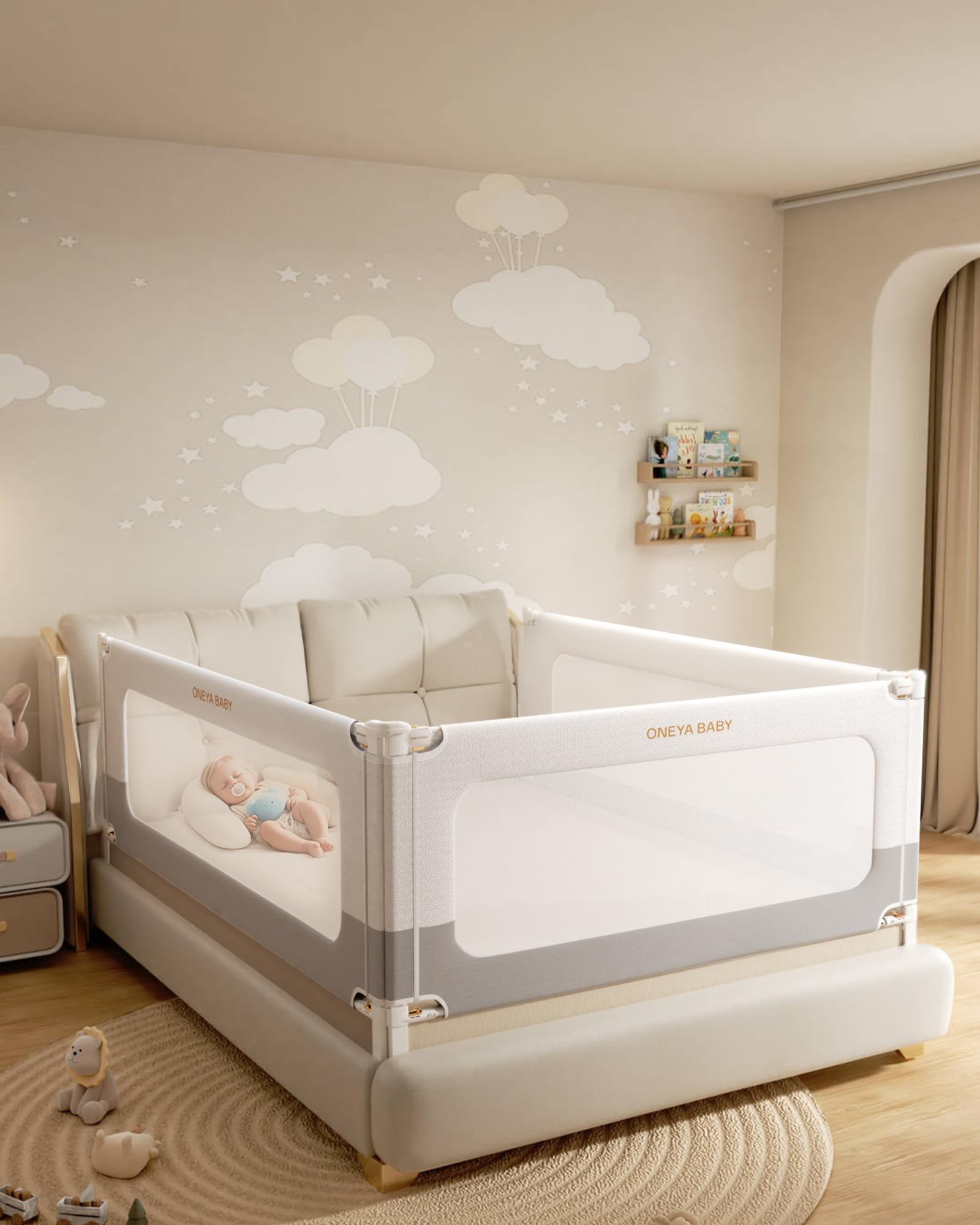 Oneya Baby 3-piece queen bed rails setup shows nail-free installation for safe setup