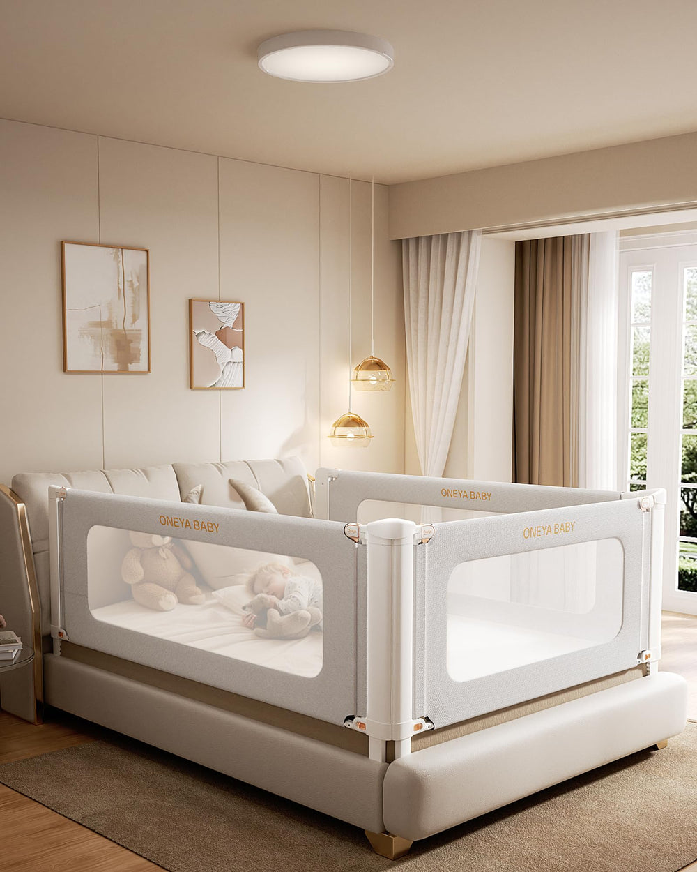 Oneya Baby Bed Rail 60in guard protects queen bed for curious toddlers
