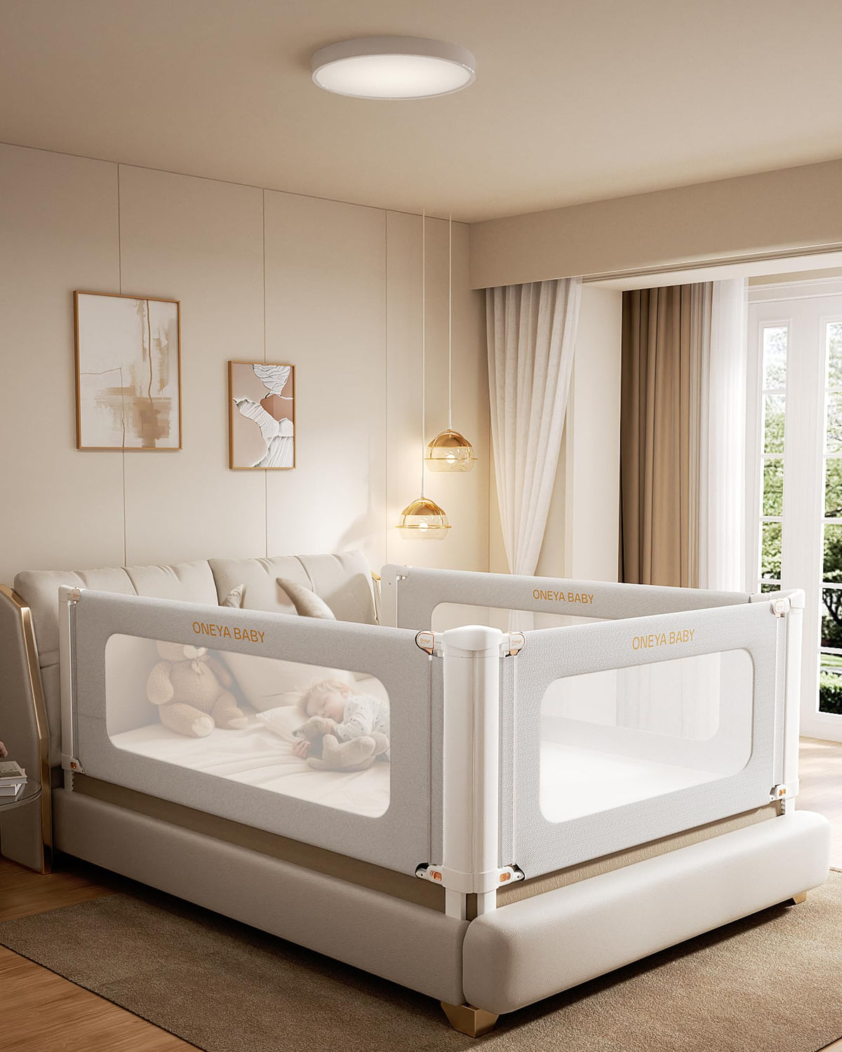 Oneya Baby Bed Rail 60in guard protects queen bed for curious toddlers