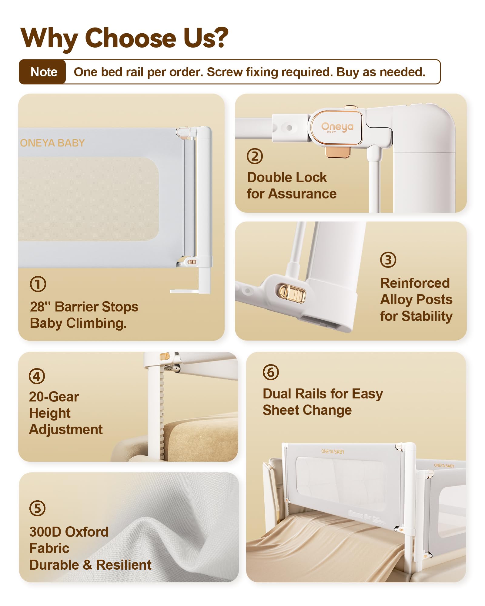 Oneya Bed Rail aluminum construction provides durable wobble-free stability