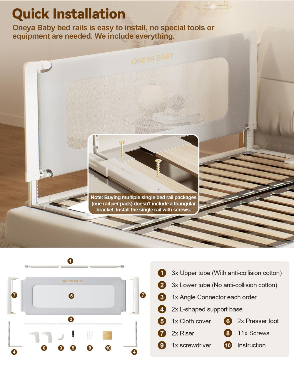 ONEYA BABY bed rail easy-installation design makes setup quick and hassle-free.