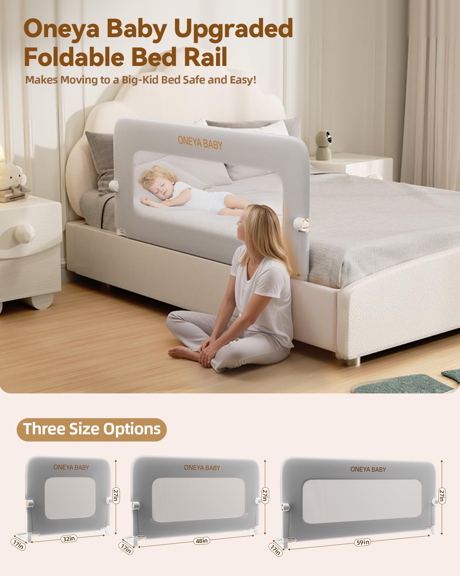 ONEYA BABY bed rail guard size options 32, 48, 59 inches